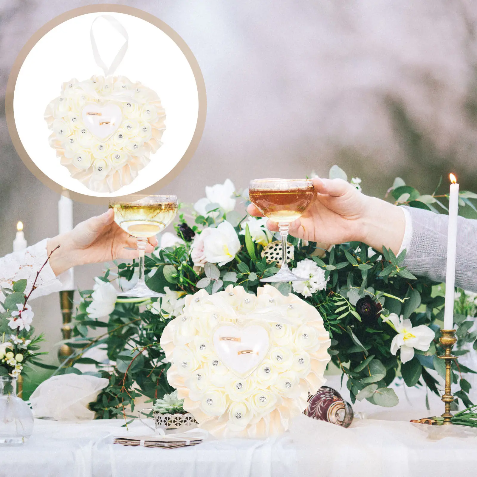 

Exquisite Heart Ring Pillow Transparent Box Rhinestone Embellished Rose Floral Design Ring Cushion for Wedding Ceremony Bridal