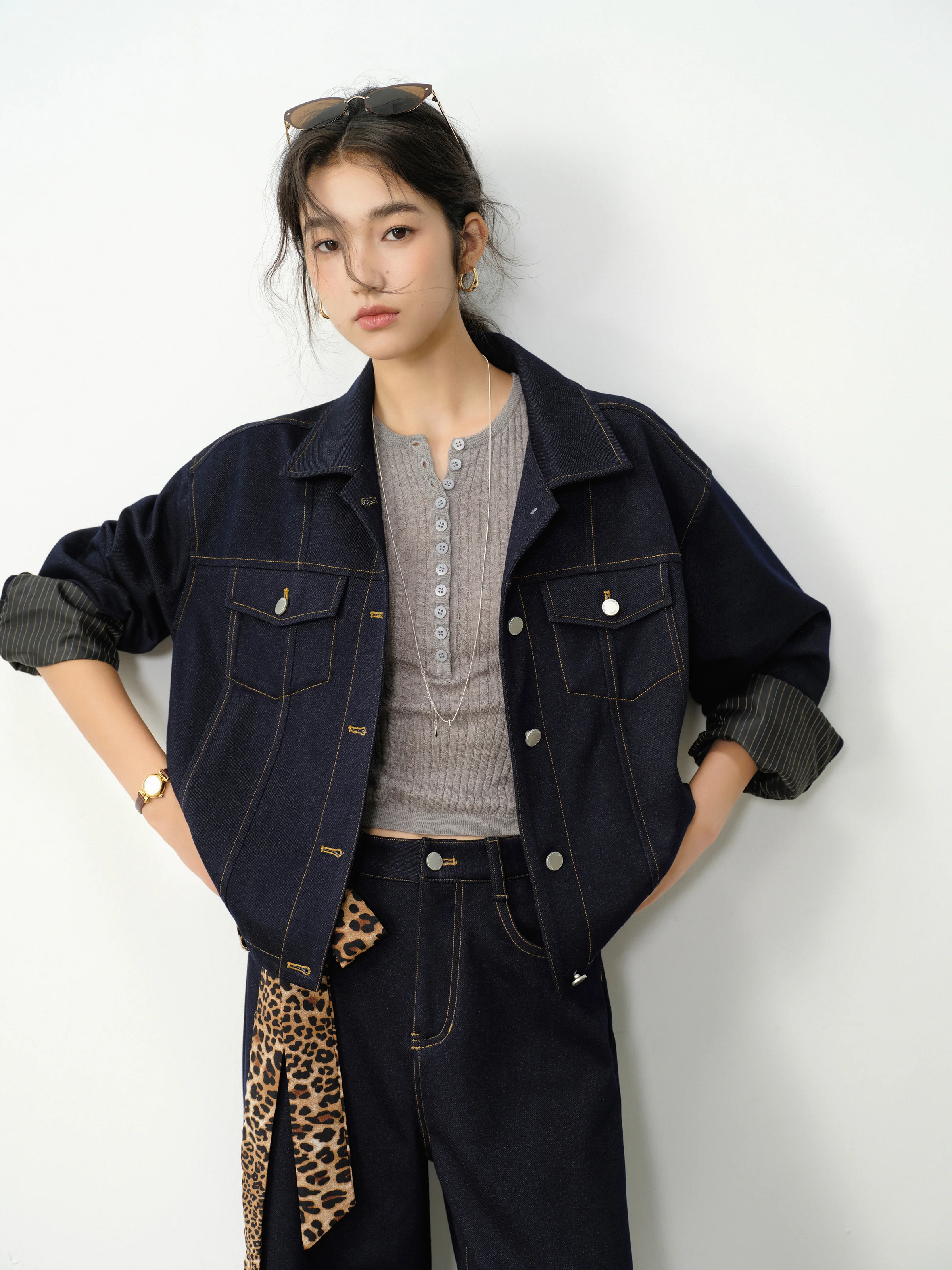 Vintage Loose Denim Jacket Dark Blue Drop Shoulder Jean Coat Casual Autumn Lapel Outerwear Women Retro American Style Fashion