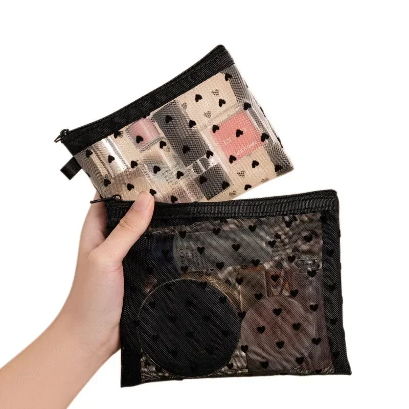 Love Heart Mesh Fashion Cosmetic Bag for Girl Washing Toiletries Organizer Makeup Bag Transparent Women Lipstick Storage Pouch