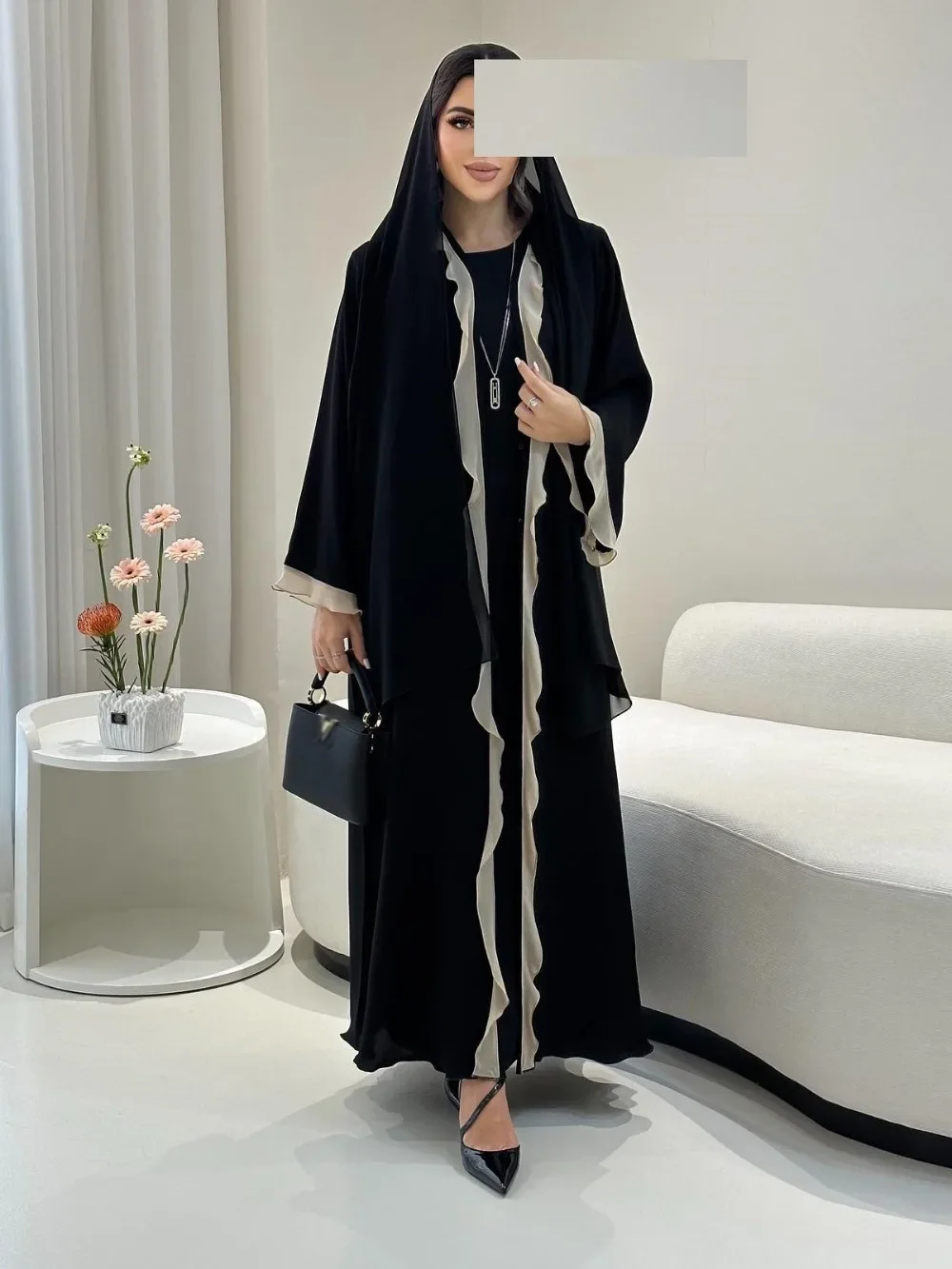 Eid Donna Abaya Abito con volant Cardigan Musulmano Ramadan Aperto Abiti lunghi da festa Caftano Robe Jalabiya Marocco Dubai Caftano 2026