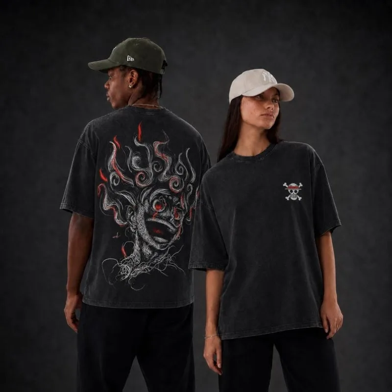 Washed and Worn Round Neck Short Sleeved Shirt with Red Stripe Flame Portrait Print, Casual Street Style Half Sleeve