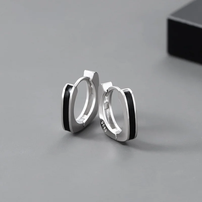 Men Earrings Silver 925 Sterling Jewelry Personality Black Square Hoops Earrings Male Personality Accessories For Boy Gift