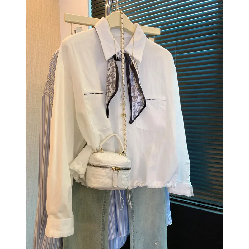 

Chic Korean Sle Long Sve Collar Women's irt Early Autumn New Sle Dstring Design with Silk Scarf Top Polyeste...