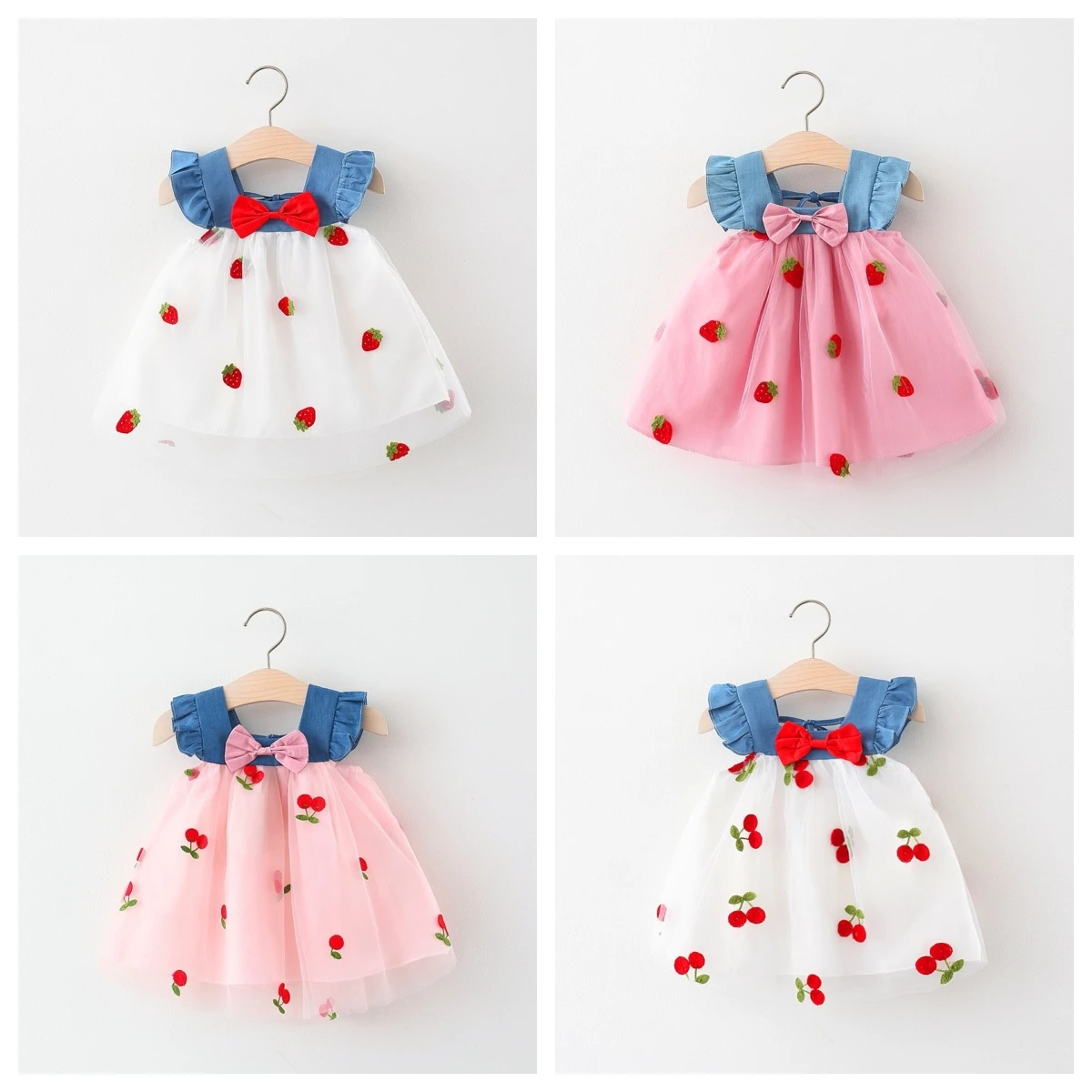 Summer Girl\'s Little Fly Sleeve Bow Denim Patchwork Embroidered Mesh Princess Dress Baby Summer Party Cute Dress