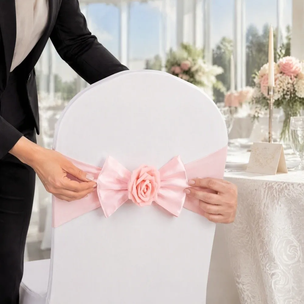 2pcs Durable Vintage Satin Chair Sashes Band Multicolor Reusable Chair Bow Tie Elastic Rose Chair Back Flower Wedding