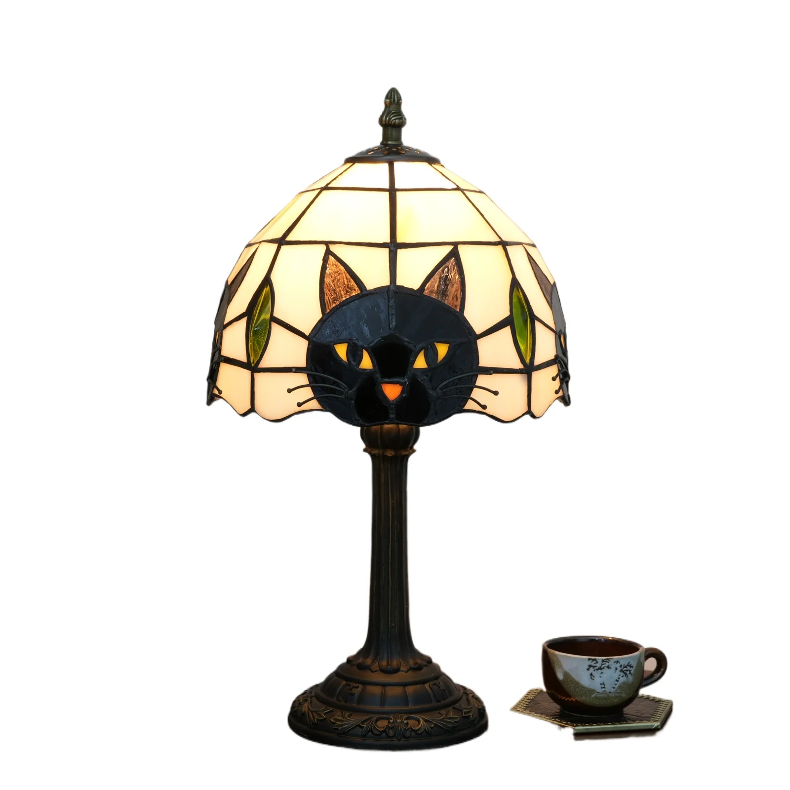 Cute black cat table lamp retro stained glass animal base table lamp suitable for girl room bedroom bedside table decoration