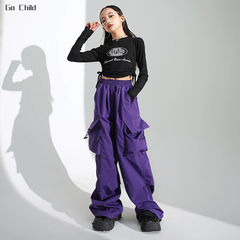 Girls Hip Hop Crop Top Loose Cargo Pants Clothes Sets Children Street Dance Solid Sweatshirt Kids Streetwear Jazz Stage Costumes