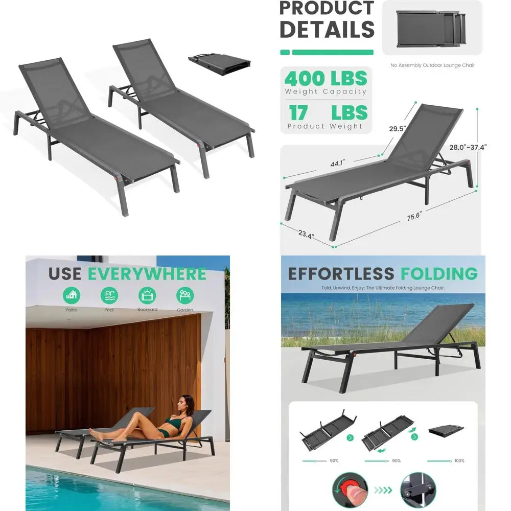Outdoor Foldable Aluminum Chaise Lounge Chairs, Set of 2 Patio Adjustable 5-Position Reclining Loungers, Free Assembly, Comforta