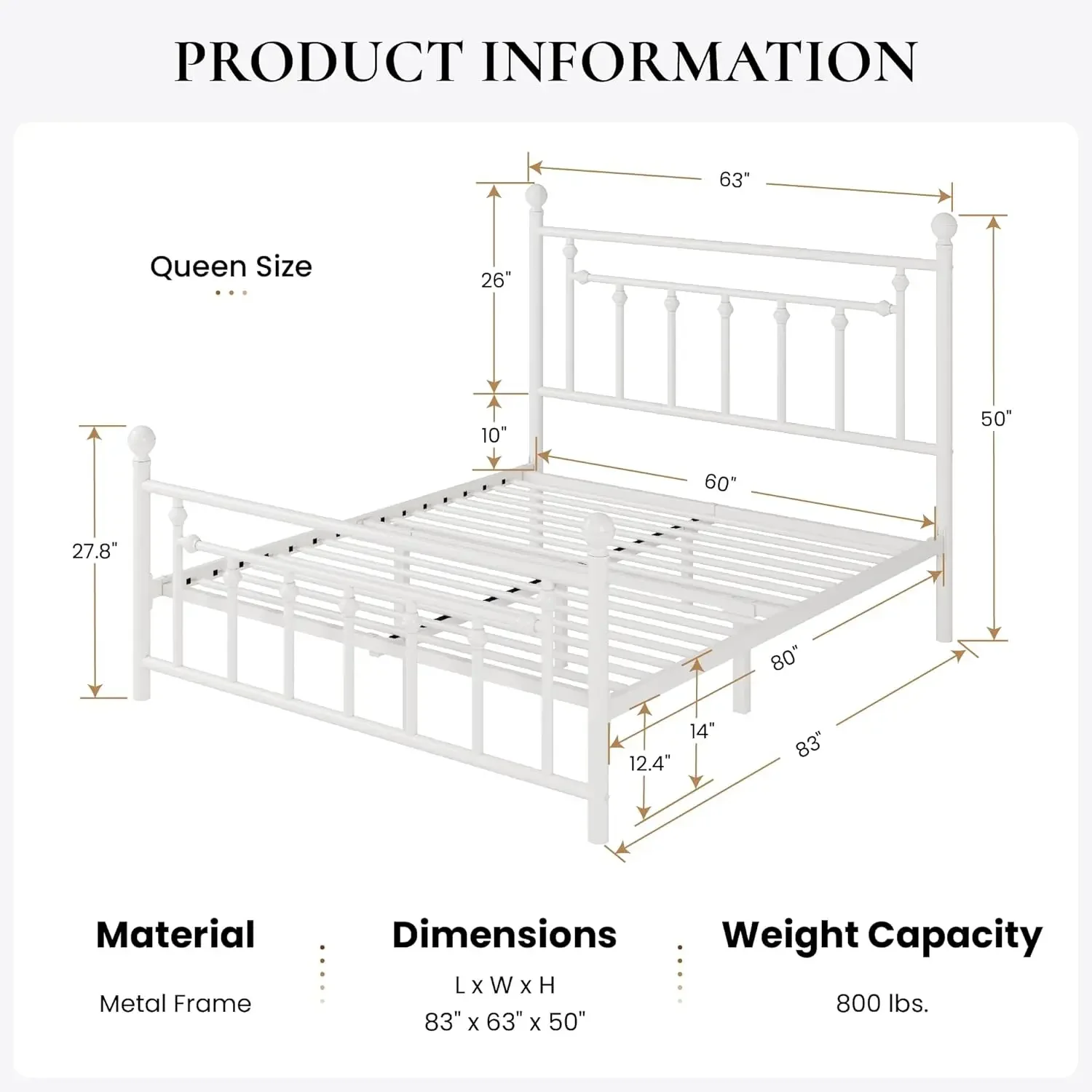 Queen Size Metal Platform Bed Frame, Victorian Headboard and Footboard, Steel Slats Mattress Foundation for Storage, 14