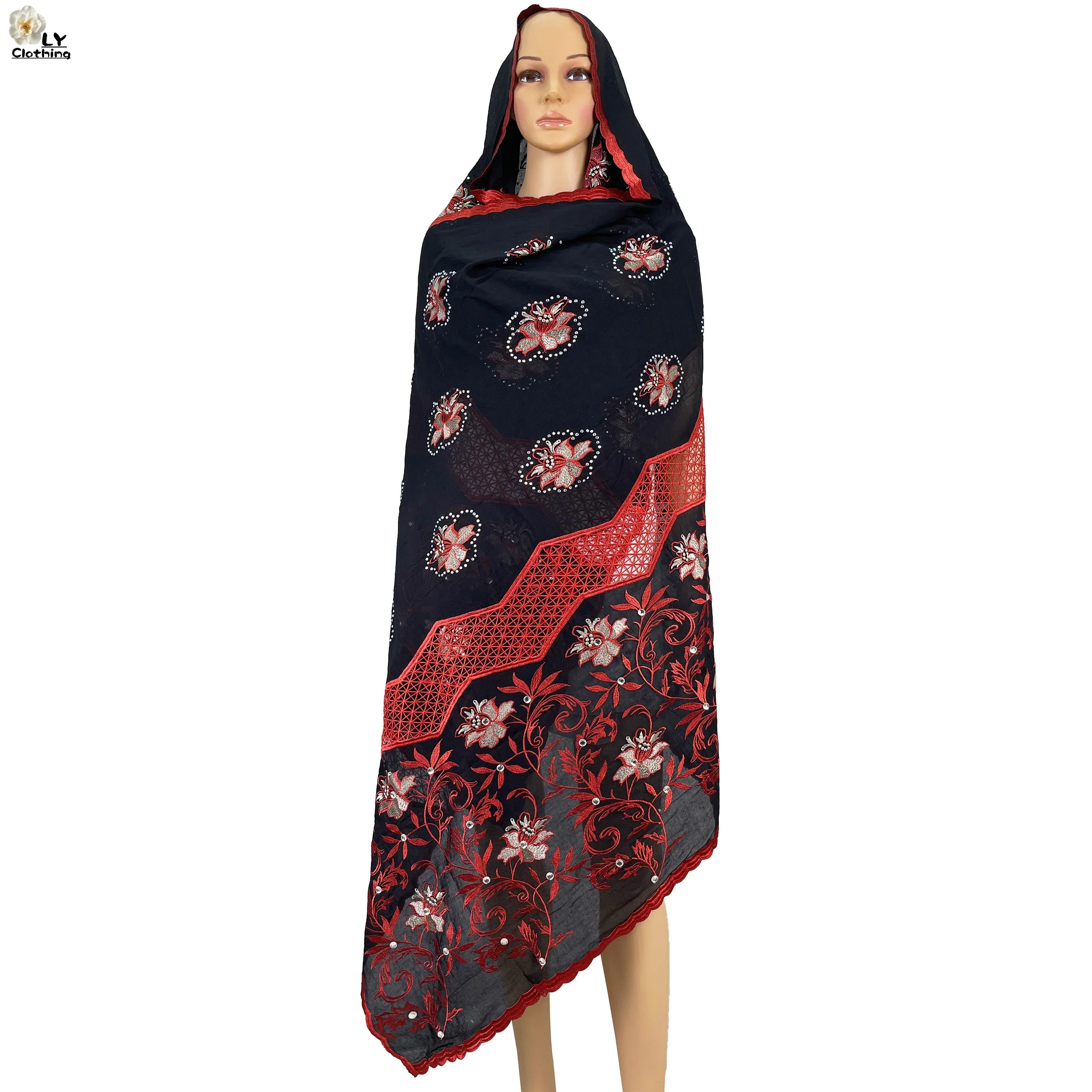 

High Quality New African women Fashion Scarf Muslim scarf Muslim Dubai soft cotton scarf prayer embroidered Turban Scarf