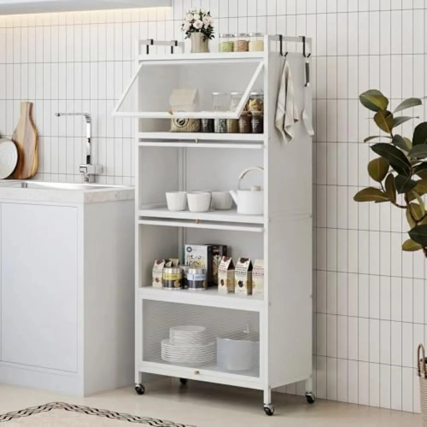 5-Tier Kitchen Storage Cabinet, 4 PC Doors, Rolling Wheels (White) | Mobile Metal Pantry Cabinet with 4 Hooks &