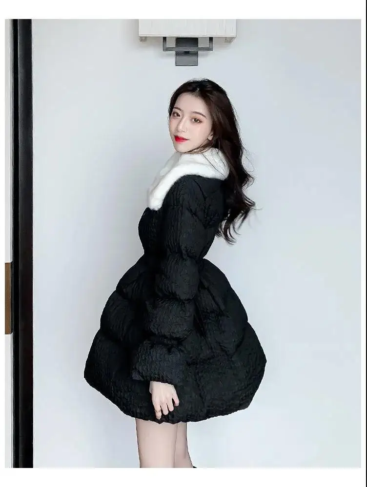 Korean Sweet Mid-Length Padded Coat for Women Winter Doll Collar Waist-Cinching Puffer Parkas Woman A Line Fluffy Quilted Jacket