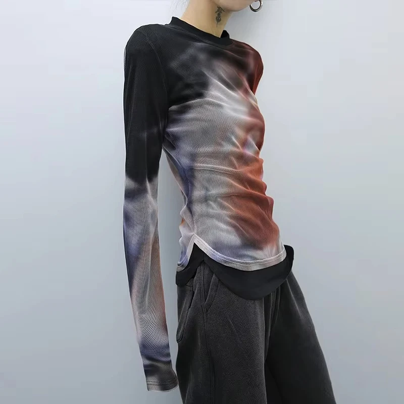 

Y2K 2000S Сетчатые футболки женские эстетические сексуальные прозрачные укороченные топы с принтом тай-дай летние футболки в стиле Харадзюку в стиле гранж-панк с длинными рукавами нерегулярные тонкие футболки