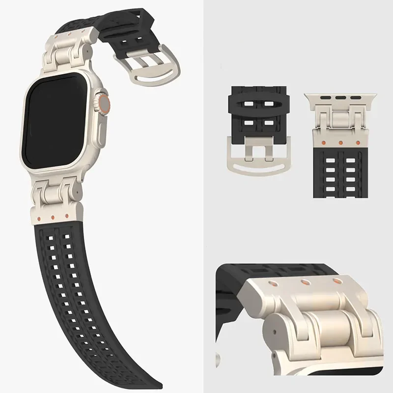 Siliconen Band Voor Apple Horlogeband 42Mm 46Mm 44Mm 45Mm 49Mm Ultra Mech Ademende Armband Voor Iwatch Serie 10 9 8 7 6 5 4 Se