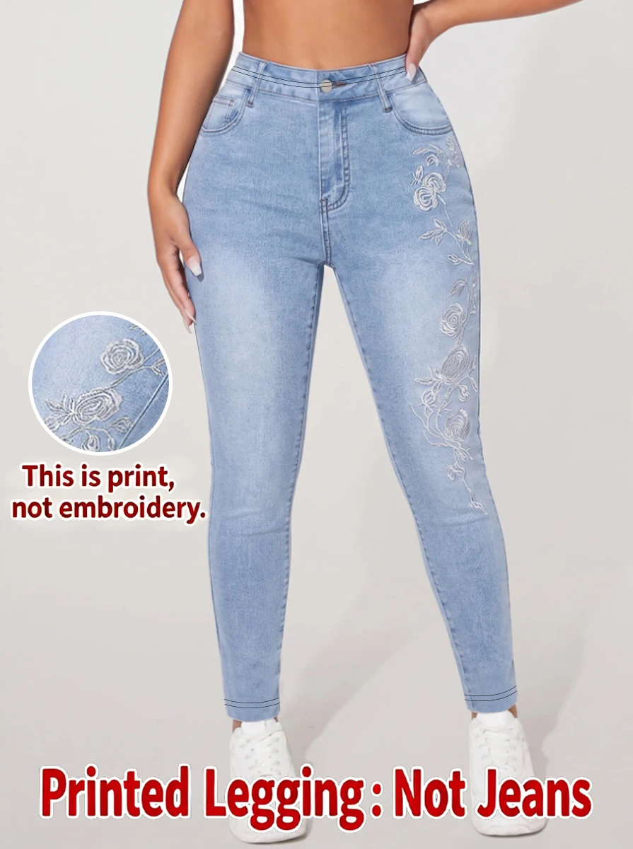 Women Printed Leggings Not Denim Fabric, Fake Pocket & Button Print Design Pants, High Elastic Fashion Slim Fit Skinny Casual