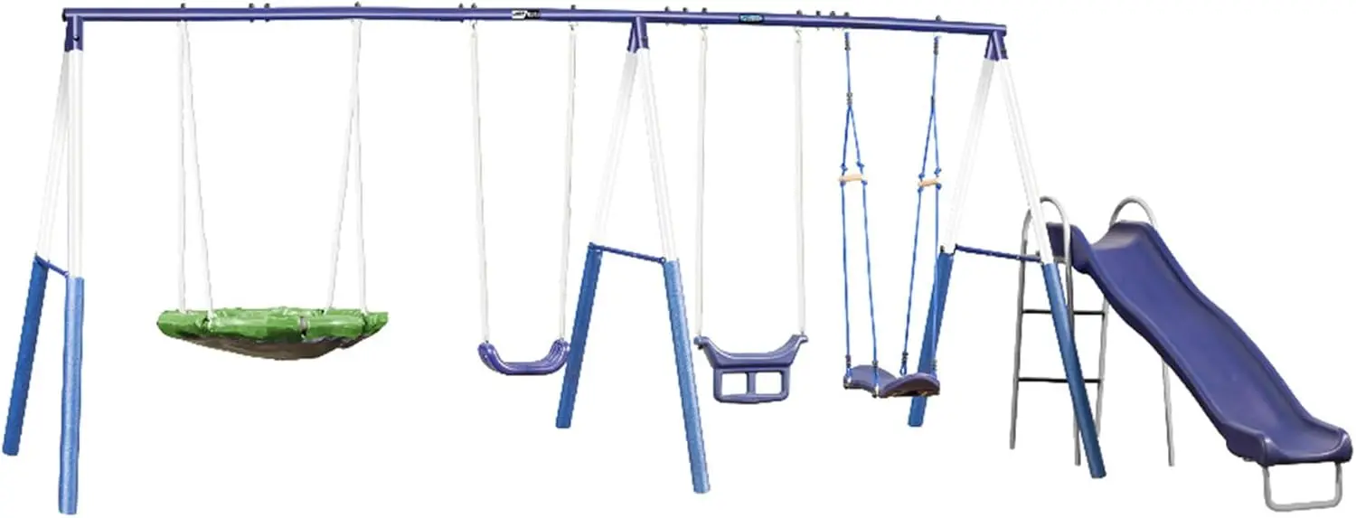 

Детский уличный игровой комплекс с качелями, волновой горкой, защитными накладками для ног из пеноматериала, окрашенной стальной рамой, пятью элементами