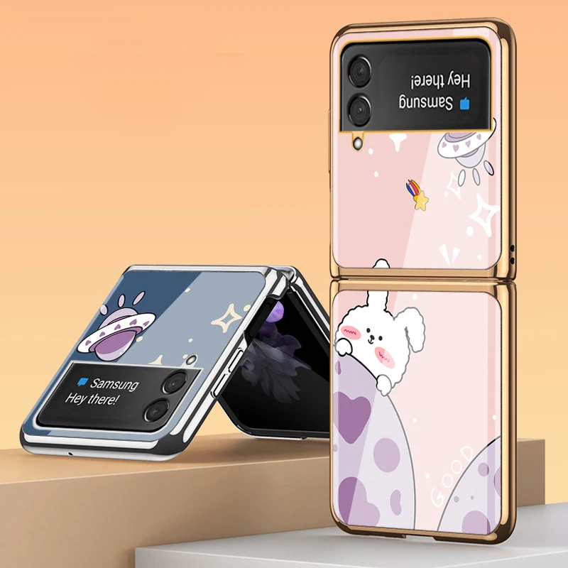 Z Flip 4 Funda Case for Samsung Galaxy Z Flip 4 Z Flip 3 2 Rabbit Lion Lamb Cat Pattern Plating Tempered Coque Phone Case Cover