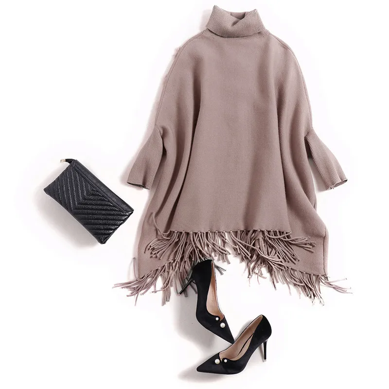 2022 Loose Outer Wear New Korean Version Of The High-necked Rabbit Fur Bat Sleeves Solid Color Fringed Irregular Knitted Sweater