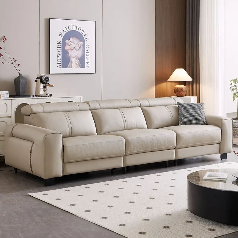 Genuine leather sofa, minimalist straight row leather electric functional living room sofa