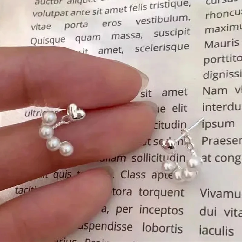 

S925 Sterling Silver Heart Love Rear Hanging Imitation Pearl Stud Earring for Women Fine Jewelry High Luxury Vintage Accessories