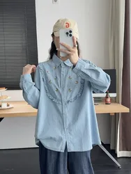 Vintage Flowers Embroidery Blue Denim Shirts Blouses Women Sweet Cotton Long Sleeve Tops Lolita Shirt MoriGirl Cute Clothes