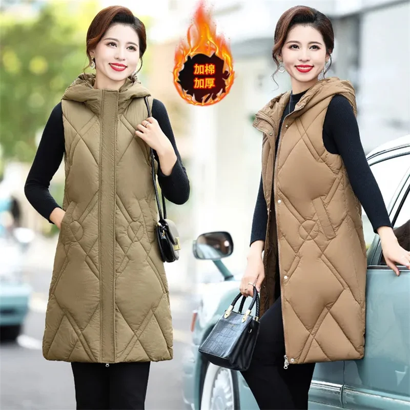 

Autumn Winter New Down Cotton Vest Women Parka Thicke Warm Sleeveless Hooded Vest Jacket Outwear Middle aged Female Waistcoats