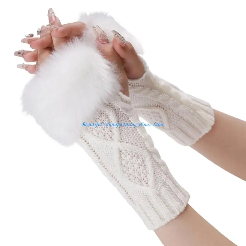 E56A Elegant Rhombic Knit Fingerless Arm Warmer Furry Plush Decorative Arm Sleeves