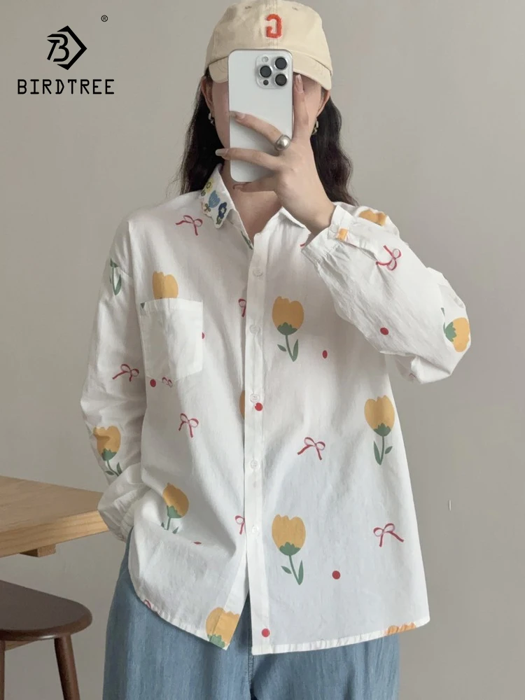 

Новая женская хлопковая рубашка с длинным рукавом Весна 2026, с отложным воротником, мультяшным цветочным принтом, в стиле Mori Girl, свободная блузка с эффектом омоложения T62952CC