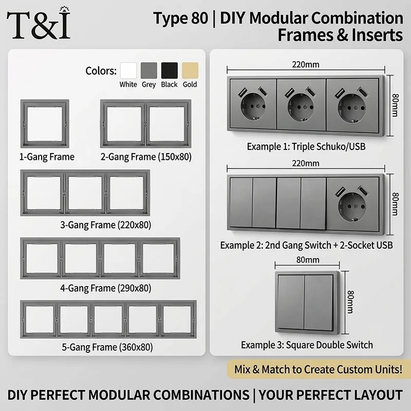 Type 80 DIY Wall Switch EU Schuko Socket USB Type C Data Frame 1 2 3 4 5 Gang Modular Combination Glass Panel Outlet Gray