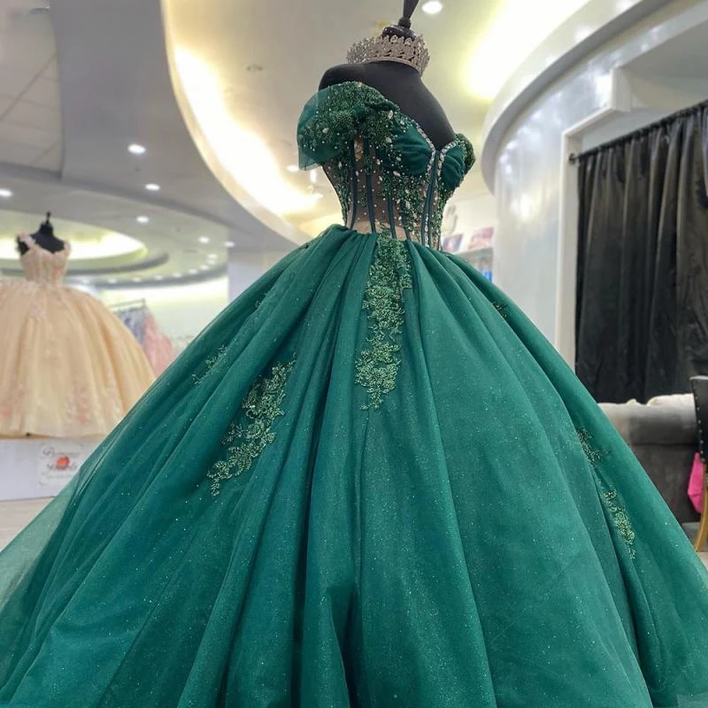 Vestido De baile De quinceañera con apliques De cristal, corsé De ilusión, hombros descubiertos, verde esmeralda, 15 Años