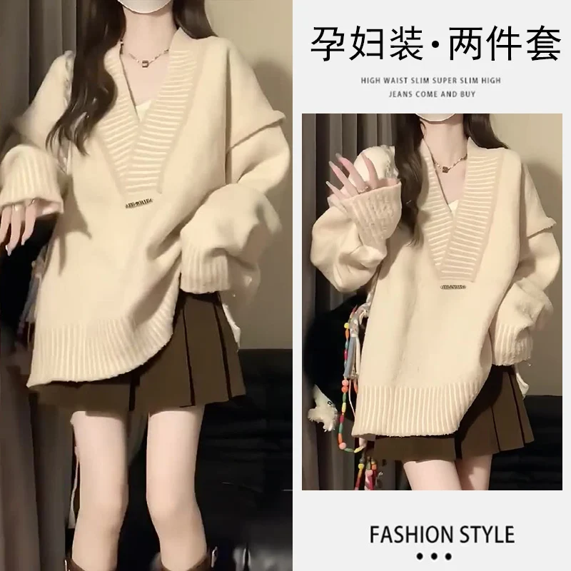 7061# Autumn Winter Street Fashion Stylish Maternity Knitted Sweaters belly Skirts Sets Hot Clothes for Pregnant Women Pregnancy