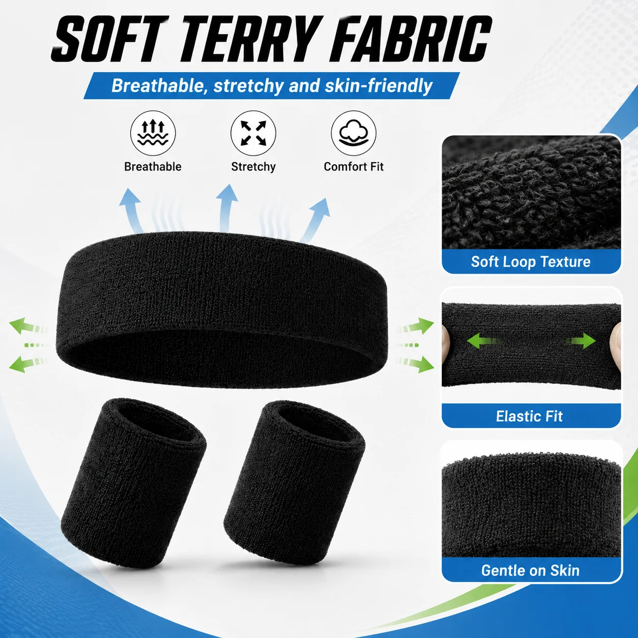 3Pcs Sports Sweatband Set, Absorbent Terry Headband & Wristbands, Sweat Bands for Tennis Badminton Gym Basketball