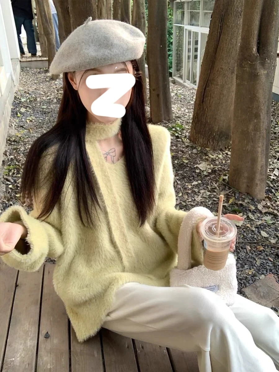 秋冬レディースニットミンクセータールーズフフトップソフトスリーブレイジースリーブVネックロングスリーブ暖かいサーマルファション