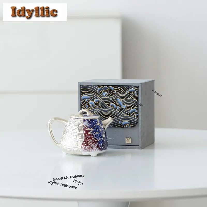 210ml Gilt Silver Blue Dragon Back Grain Teapot Handmade Tea Infuser Pot Tea Maker Kettle With Filter Teaware Accessories Craft