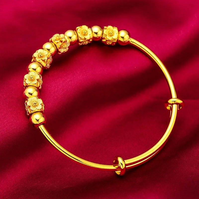 

24K Gold Flower Women's Adjustable Bracelet, AU999 Pure - Streamline Flower Style, Texture Wrist Luxury Dynamic Versatile