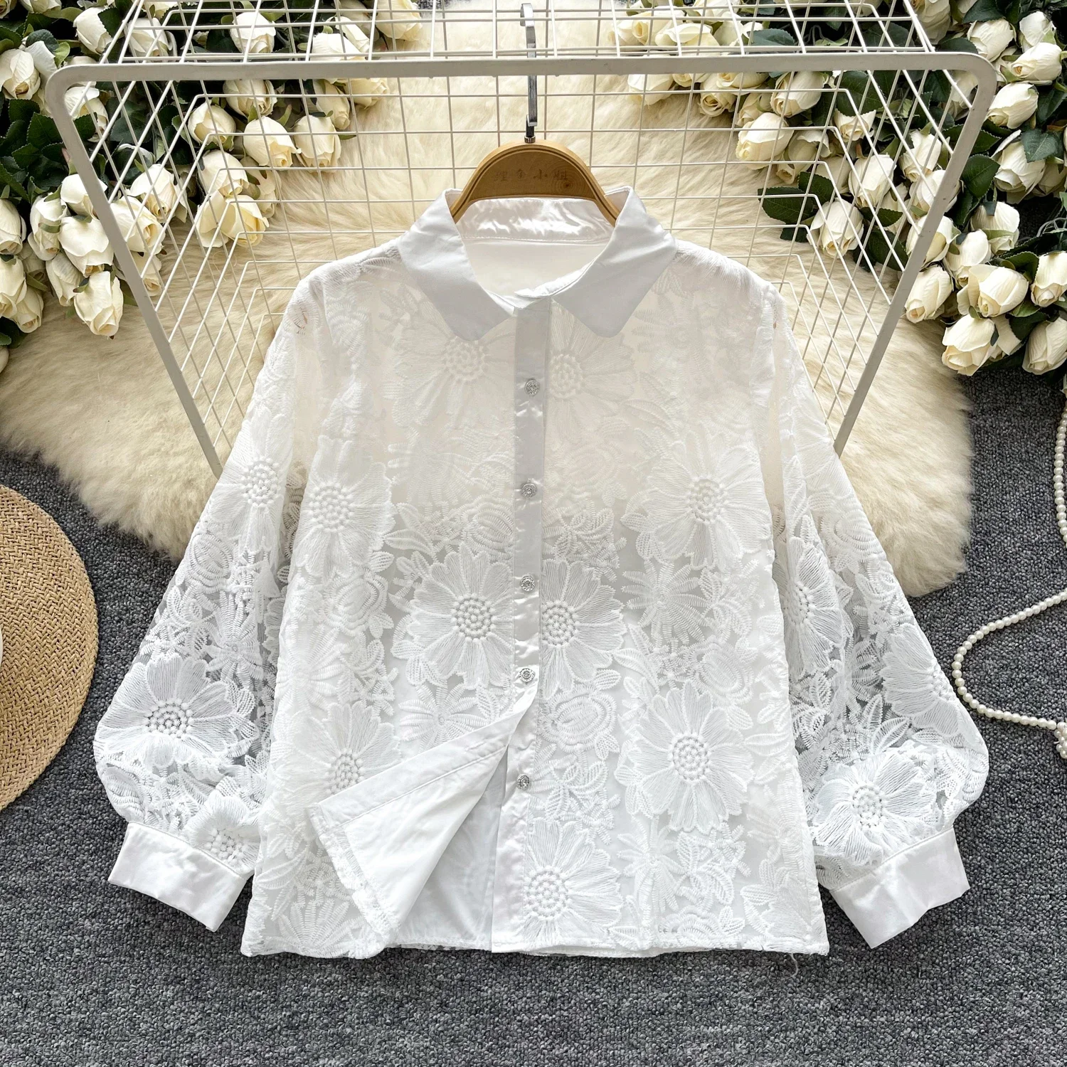 Vintage Elegant Embroidery Long Sleeve Single Breasted Blouse Fashion Lapel Shirt  Casual Chic Top Fairy Autumn Women