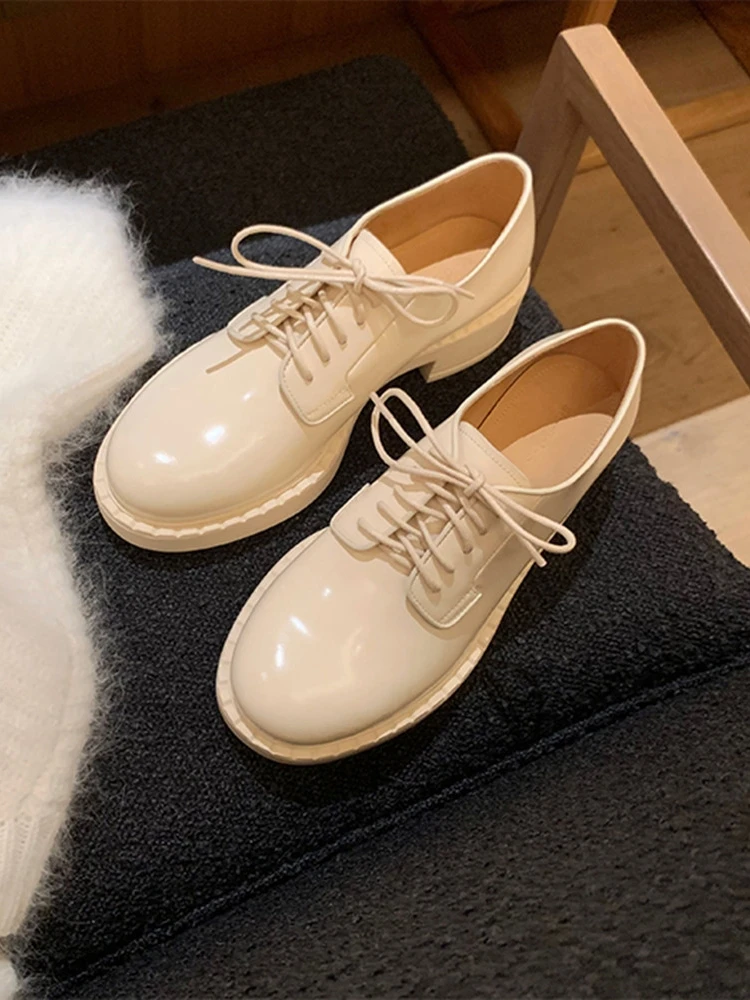 

Fall Lace-up Women Shoes White Round Head Leather Loafers Thick Heels Outdoor Zapatos Mujer