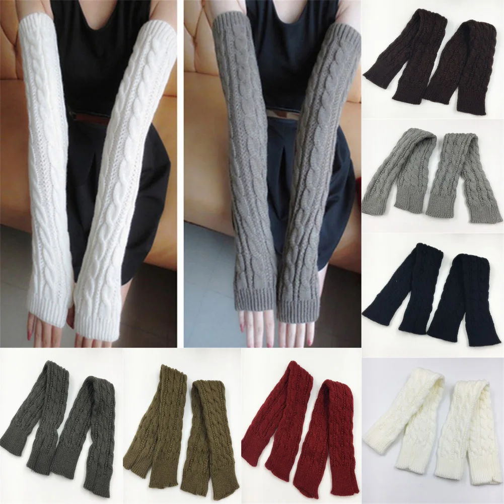 

1 Pairs Women Long Knit Fingerless Gloves Winter Warm Arm Wrist Sleeve Solid Color Crochet Arm Warmers Mittens Woolen Arm Sleeve