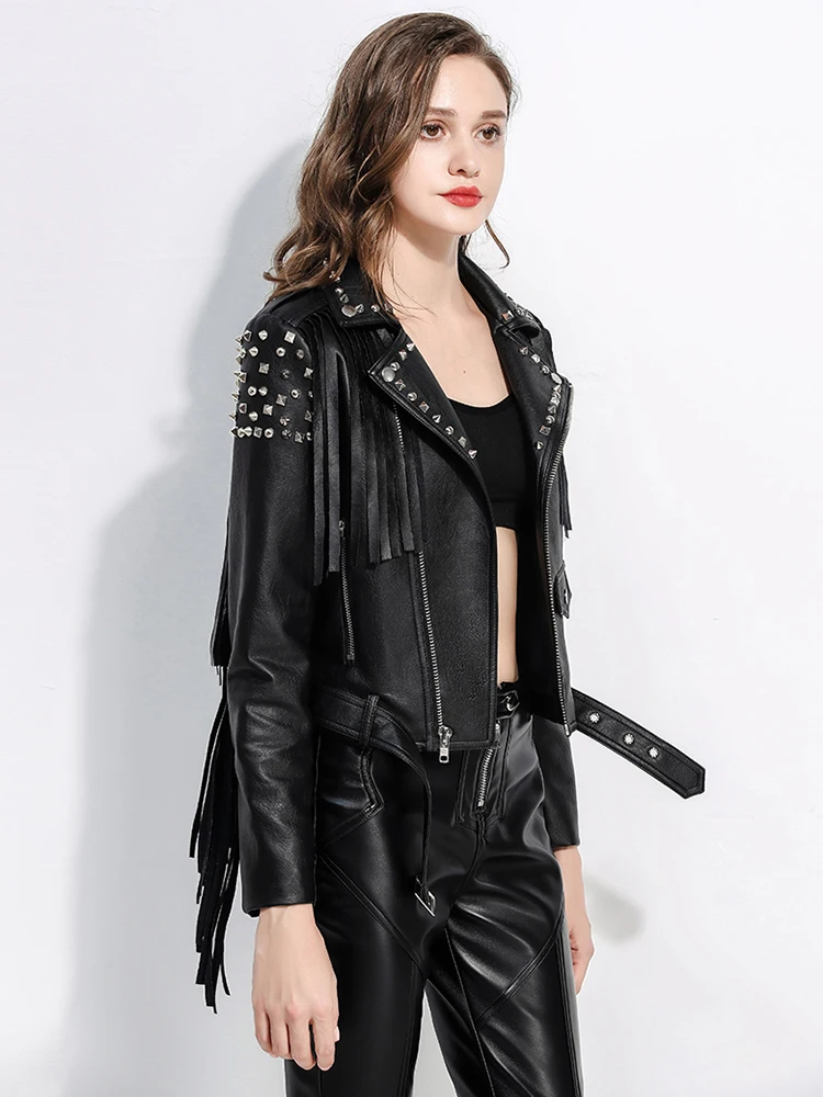 Slim-fit Short Punk Studded Fringed Leather Jacket Women 2024 New Streetwear Black Faux Leather Harley Motorcycle Jacket XXXL