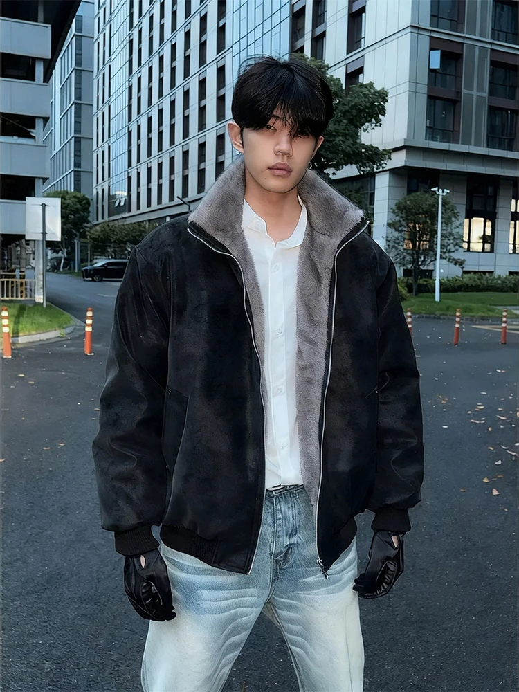 Black PU Leather Thickened Cotton Jacket Men's Winter Coat Anti-Mink Fur Mount Tai Eagle Design Stand Collar Hip-Sexy Style
