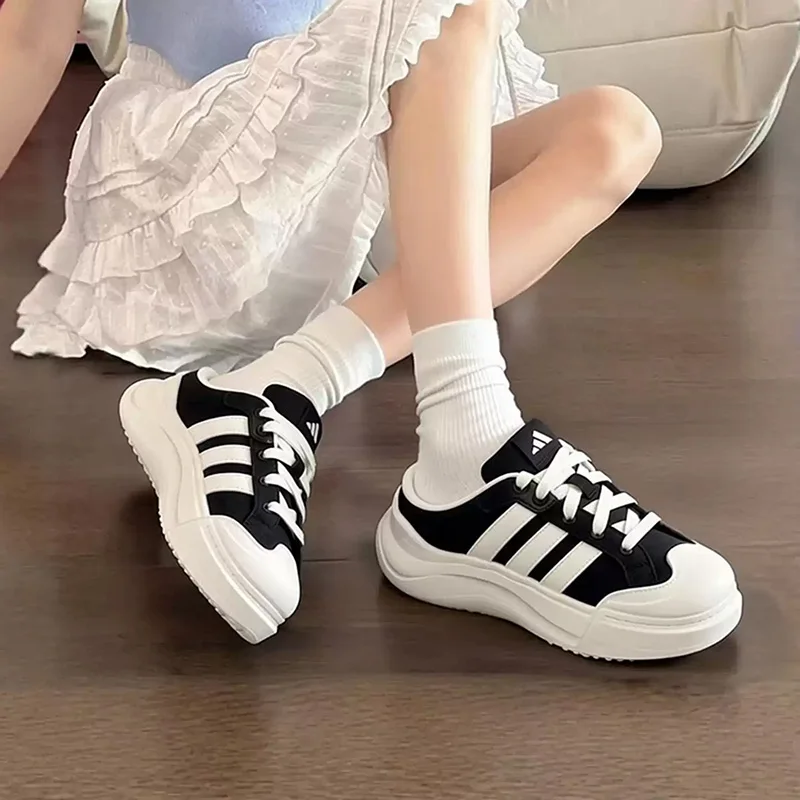 Adidas Black White Slip On Mule Platform Shoes Canvas Three Stripe Backless Chunky Casual Sneakers Women Men HQ9514