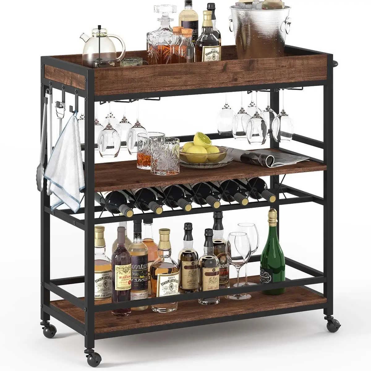 

3-Tier Rolling Bar Cart with Wine Rack and Glass Holder, Rustic Oak Design for Home Serving