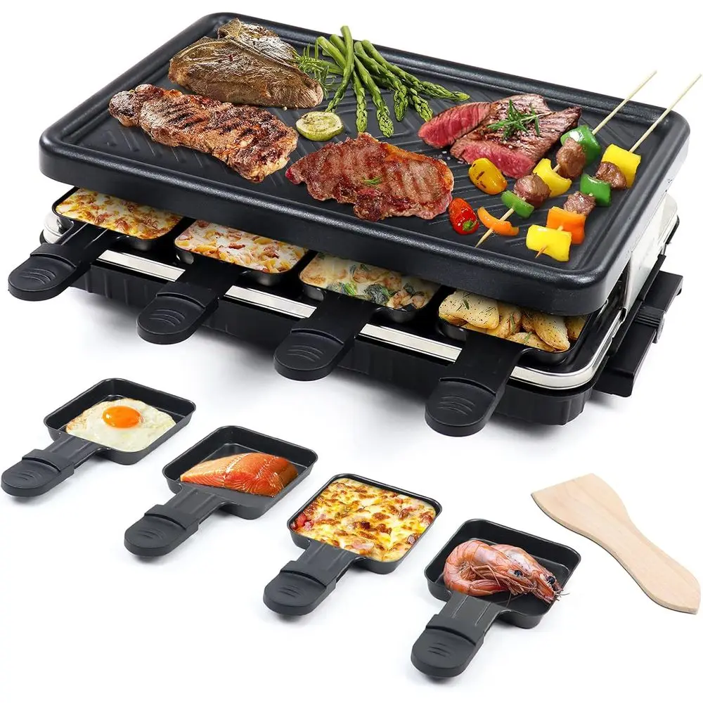 

Non-Stick Raclette & BBQ Grill - 8 Cheese Trays, 1300W, Temp Control, Dishwasher Safe