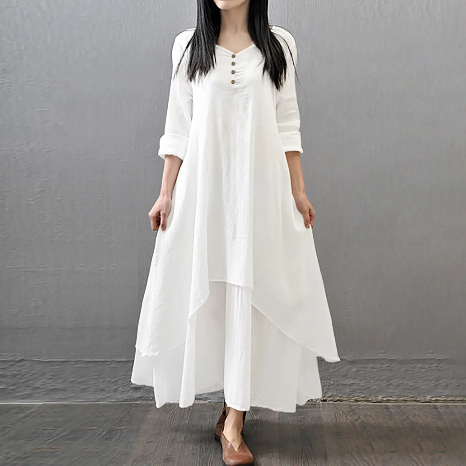 Women Elegant Linen White Dresses Bohemia Layering Vintage Robe Long Sleeve Loose Long Dress Female Autumn Vestidos