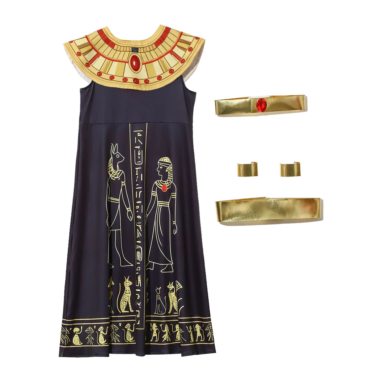 Girls Cleopatra Egypt Queen Cosplay Costume Sleeveless Dress with Neckwear Belt Wrist Bands Headband for Halloween Carnival - view 3