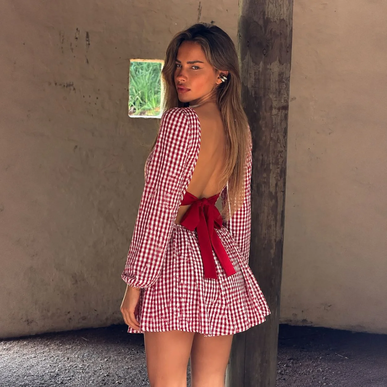 Yaminiya Early Autumn New Retro Style Red and White Plaid Dress Women's Christmas Wear Spice Girl Halter Bow