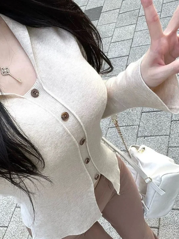 Autumn/winter Korean 2024 Version New Lapel Single Breasted Long Sleeve Pullover Women Cinching Waist Solid Slim Knit Top D65H