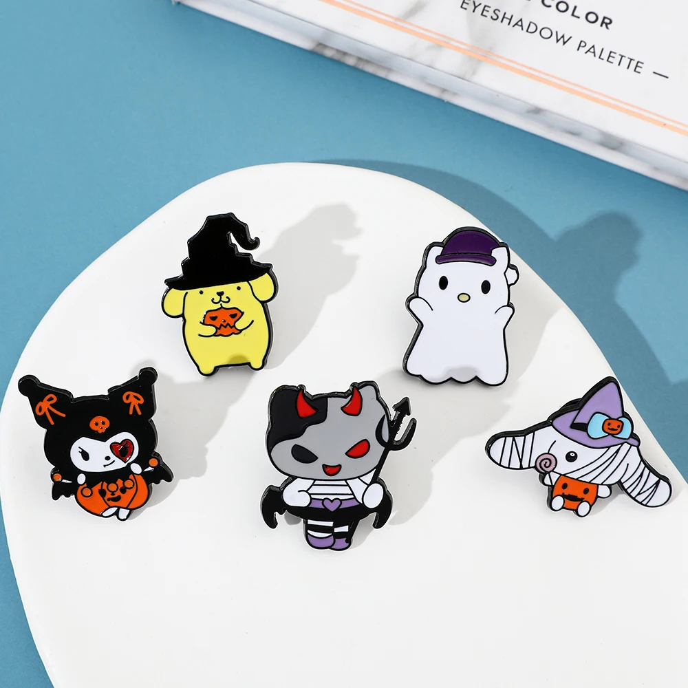 Halloween Enamel Pins Hello Kitty Kuromi Cinnamoroll Pom Pom Purin Brooch for Halloween Clothing Accessories Gifts