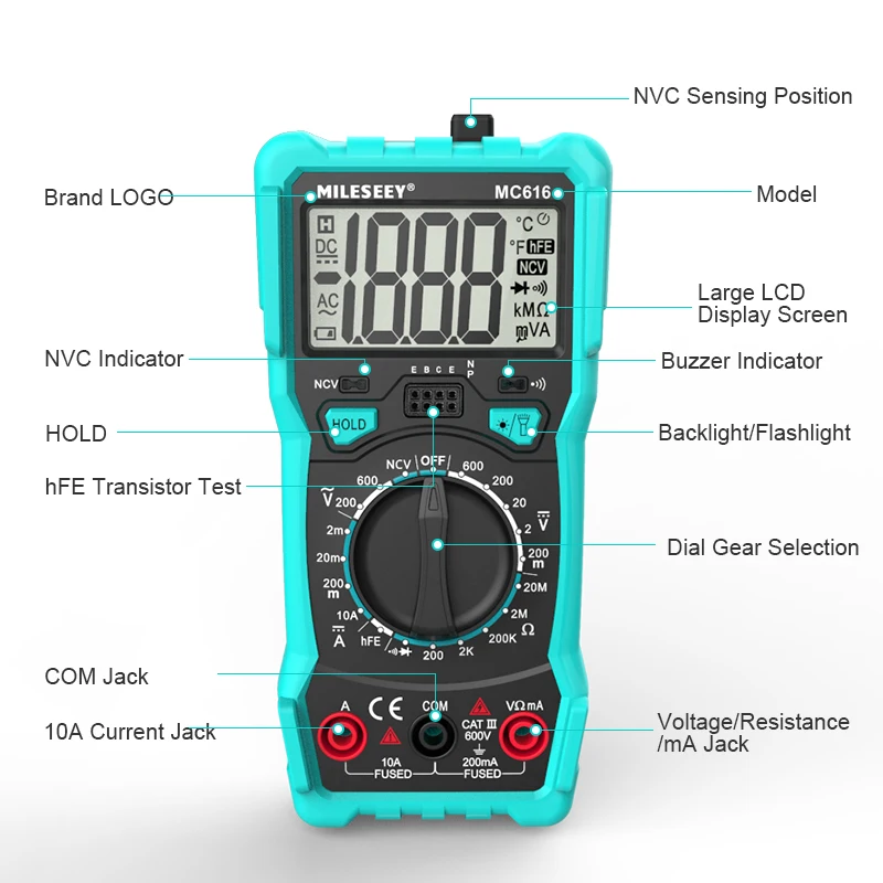 MILESEEY Tester Machine MC616 Multi Tester Medidor de tensão AC/DC