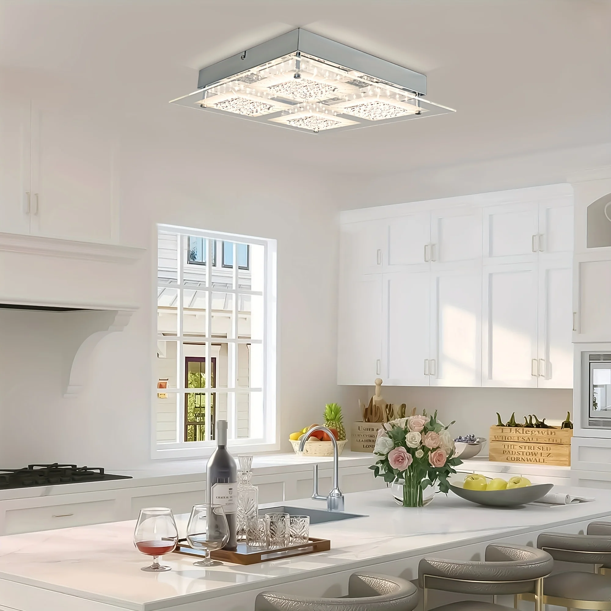 โคมไฟเพดานคริสตัลฟลัชเมาท์ 14 นิ้ว โคมไฟเพดานคริสตัล โคมไฟคริสตัลสี่เหลี่ยม โคมไฟคริสตัลติดเพดาน